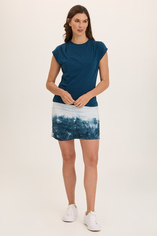 Trace Allover Ruched Pull-On Mini Skirt