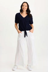 Pia Paper-Bag Waist Linen Wide Leg Pant